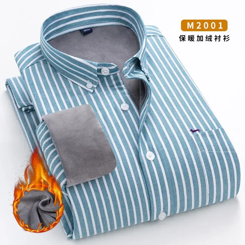 New Winter Men Casual Fashion 100%Cotton Long Sleeve Shirt Embroidery Blouse Keep Warm Striped Slim Fit Turn Down Collar Blouses