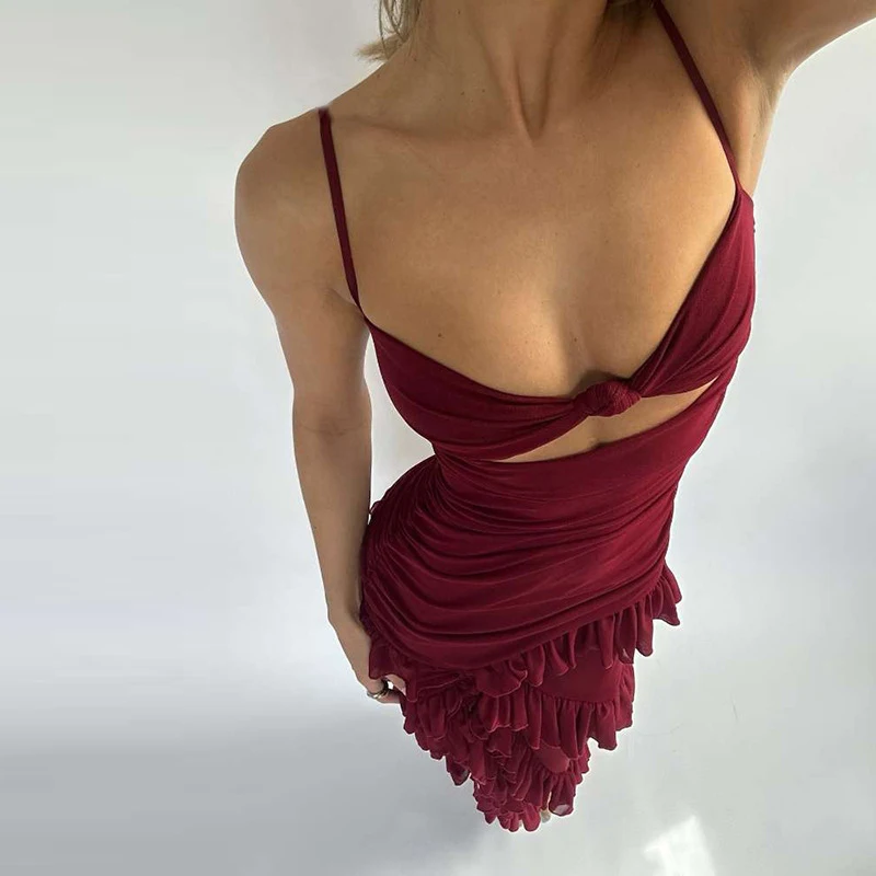 Weird Puss Elegant Hollow Dress Women Sexy Sleeveless Backless Tierred Mesh Patchwork Hem Midnight Prom Party Trend Long Bodycon