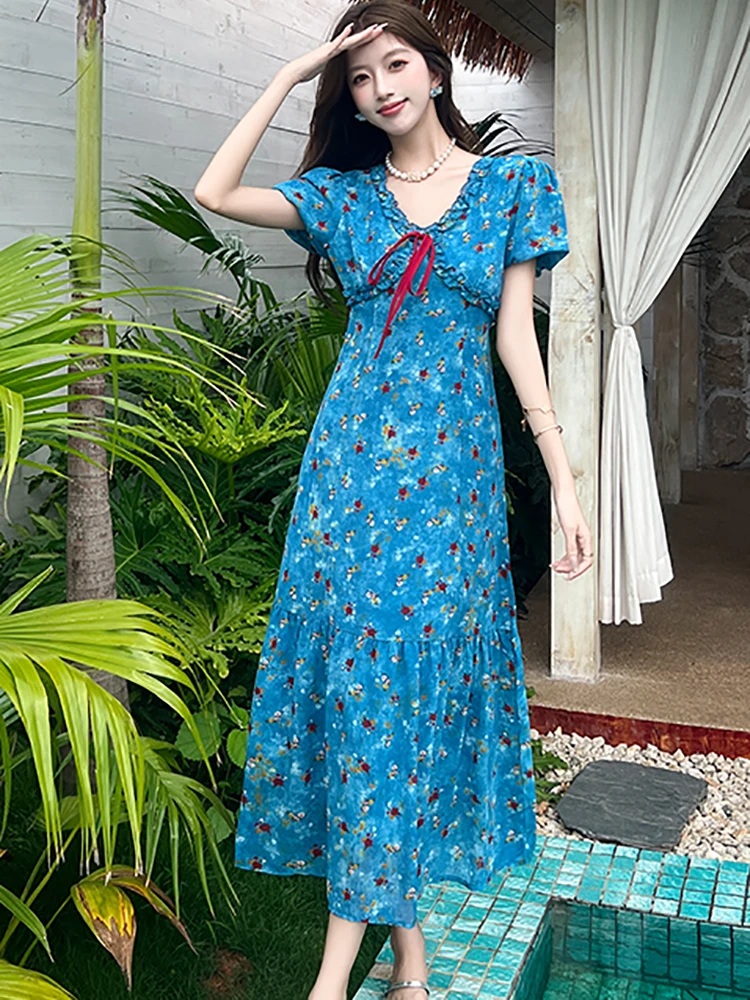 ฤดูร้อนดอกไม้สีฟ้า Bow Ruffled V คอชุดยาวผู้หญิง Boho พัฟแขนเสื้อชุดลําลอง 2025 เกาหลี Elegant Bodycon Holiday Dresses
