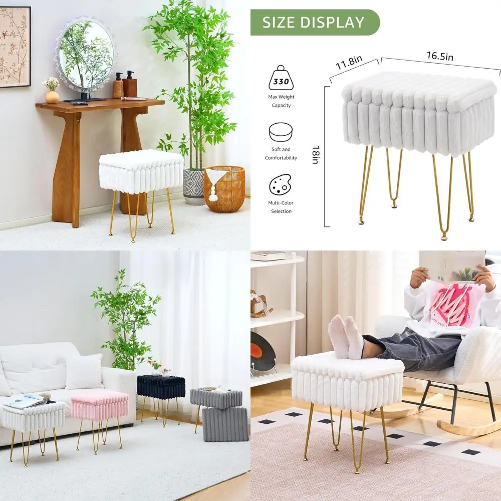 

Кремовый современный пуфик для хранения из искусственного меха с металлическими ножками, туалетный столик 16,5 x 11,8 x 18, стул для макияжа, акцентный столик, подставка для ног для B