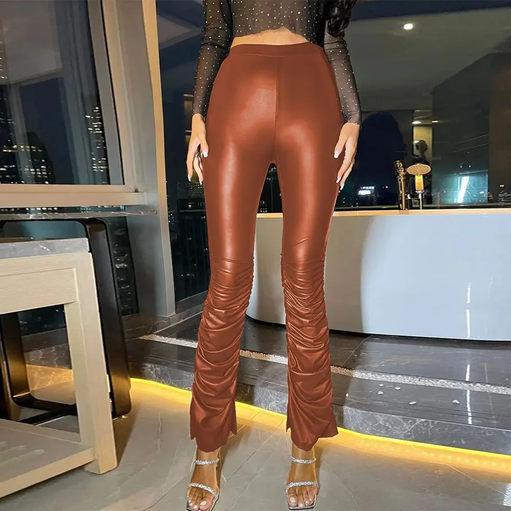 Sexy Fake Leather Pants Invisible Open Crotch Outdoor Sex Club PU Trousers Women High Waist Peach Butt Push Up Leggings Female