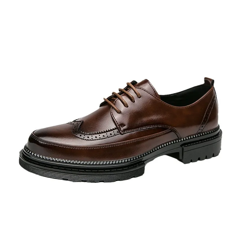 

New leather shoes for young men British Brock formal business increase casual black wedding groom lace-up men's shoes