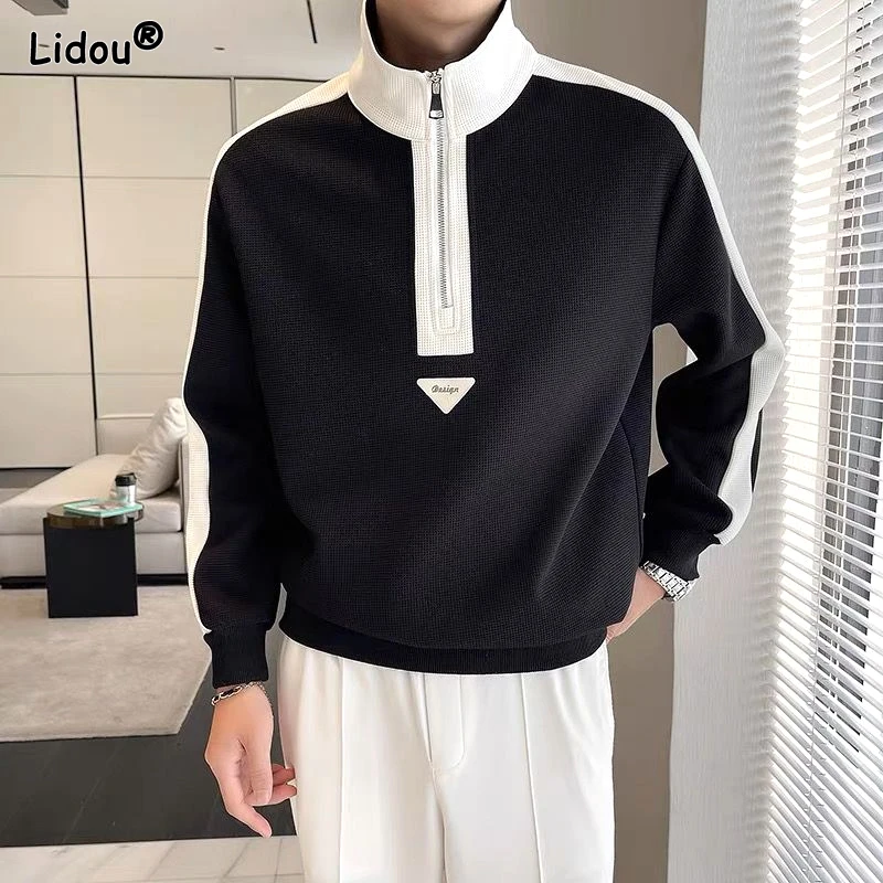 

2023 New Spring and Autumn Trendy Men's Handsome Simple Half Zipper Stand Up Neck Colored Long Sleeve Loose Casual Sweater