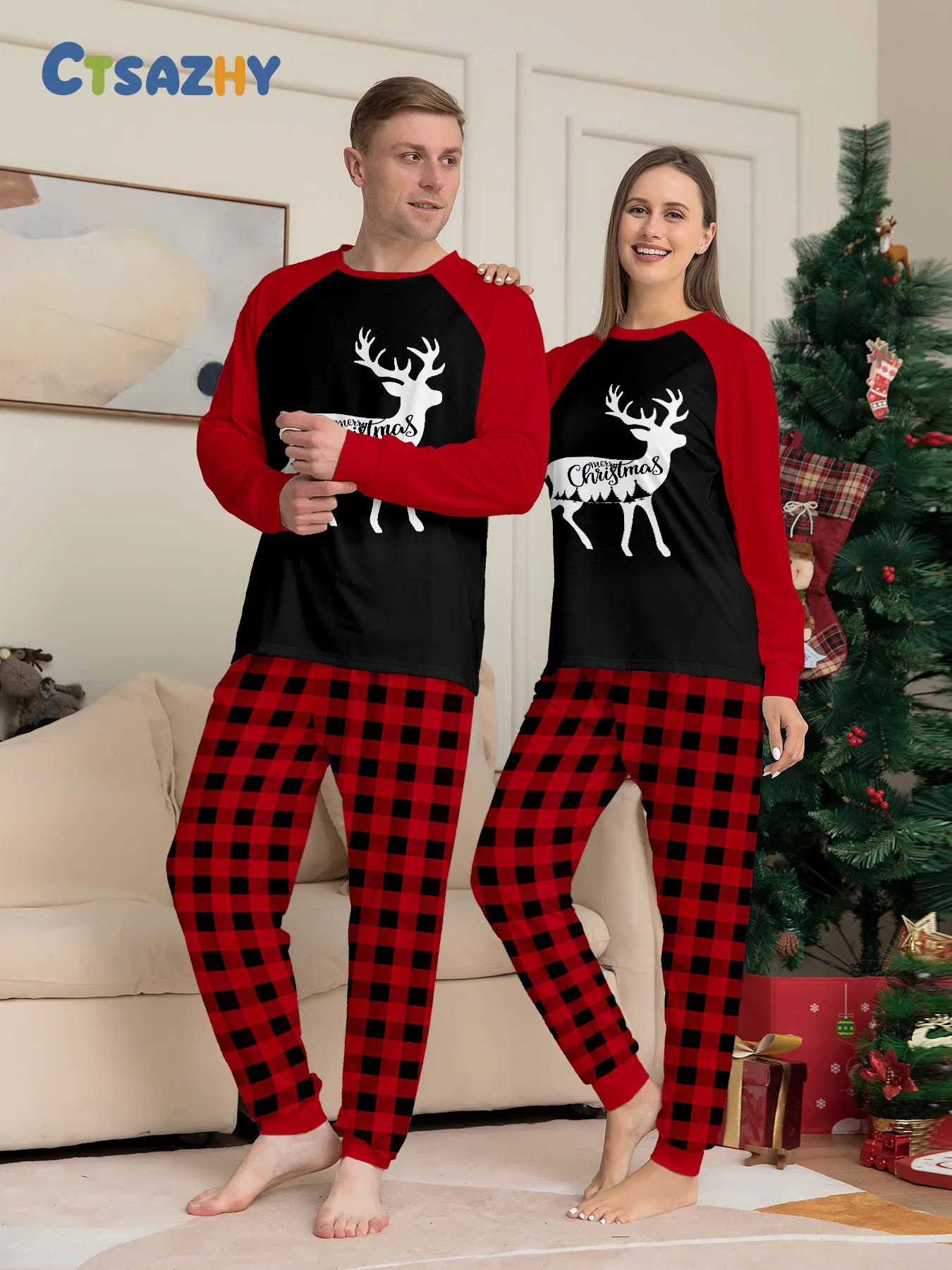 

Парные рождественские пижамы с оленями и клетчатым принтом, ночное белье с длинными рукавами