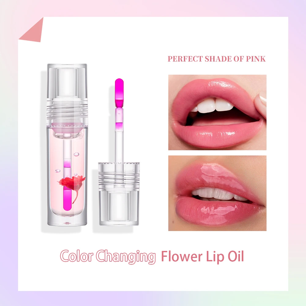 Flor Cor Mudando Lip Oil, Hidratante Lipgloss, Rosa Claro, Mudança De Temperatura, Batom Líquido, Reduzir Lip Line, 1 Pc