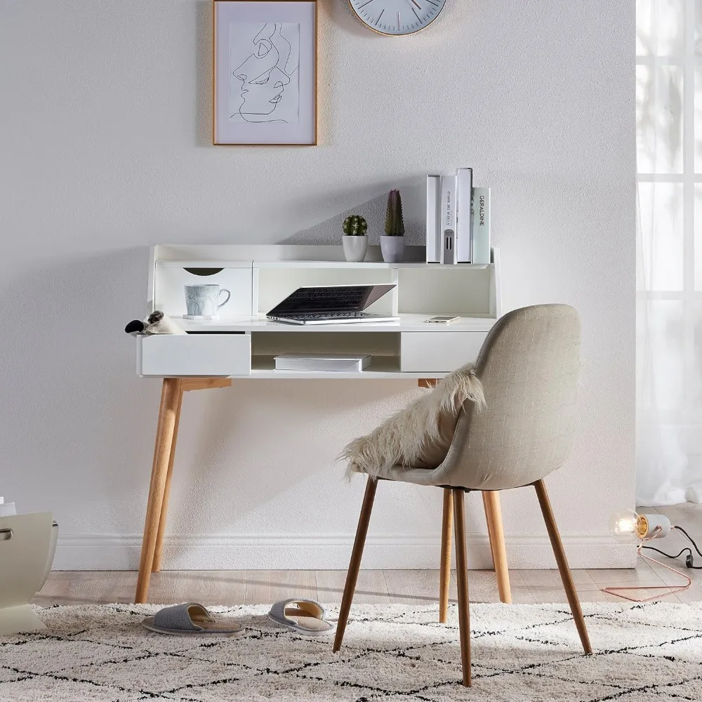 

Creativo Writing Study Computer Desk with Solid Wood Legs, Storage Drawers and Open Shelves Hutch for Home Office Living