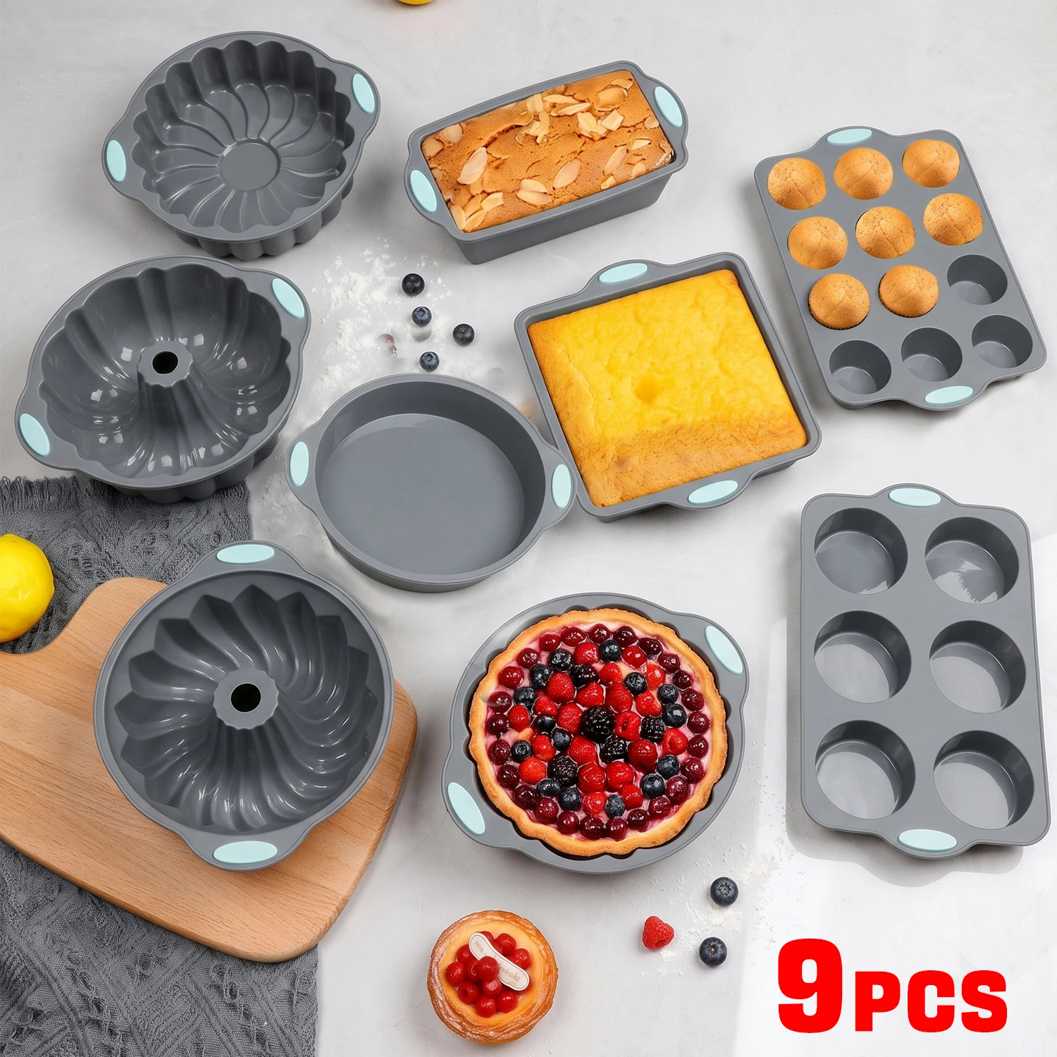 9-teiliges Silikon-Backformen-Set – Lebensmittelecht, Antihaftbeschichtet, Flexibel & Kratzfest, Einfaches Entformen & Reinigen, Spülmaschinenfest, Hitzebeständige Griffe, Vielseitige Formen für