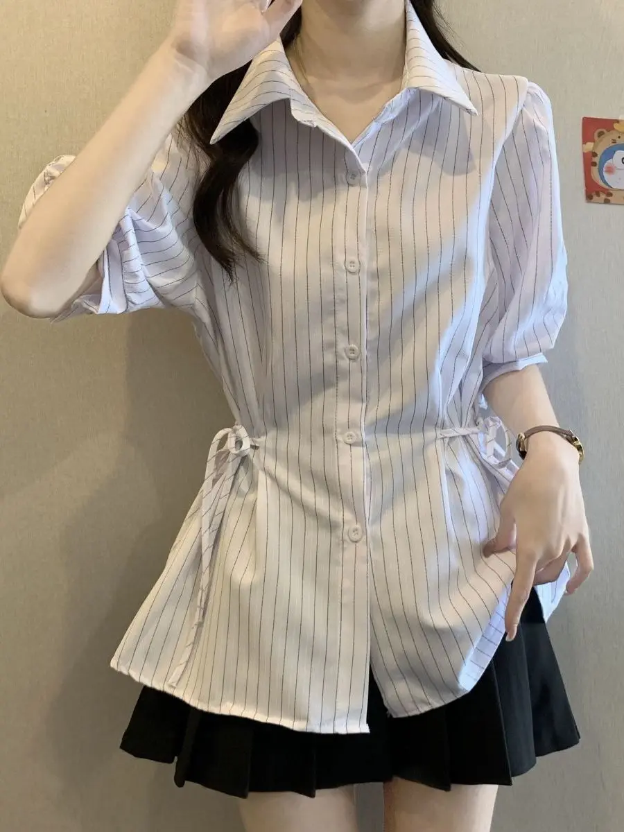 

Blue Striped plus Size Women's Shirt Summer 2026 Trendy Waist-Cinching Belly-Hiding Short-Sleeve Top Korean Style Loose Fit