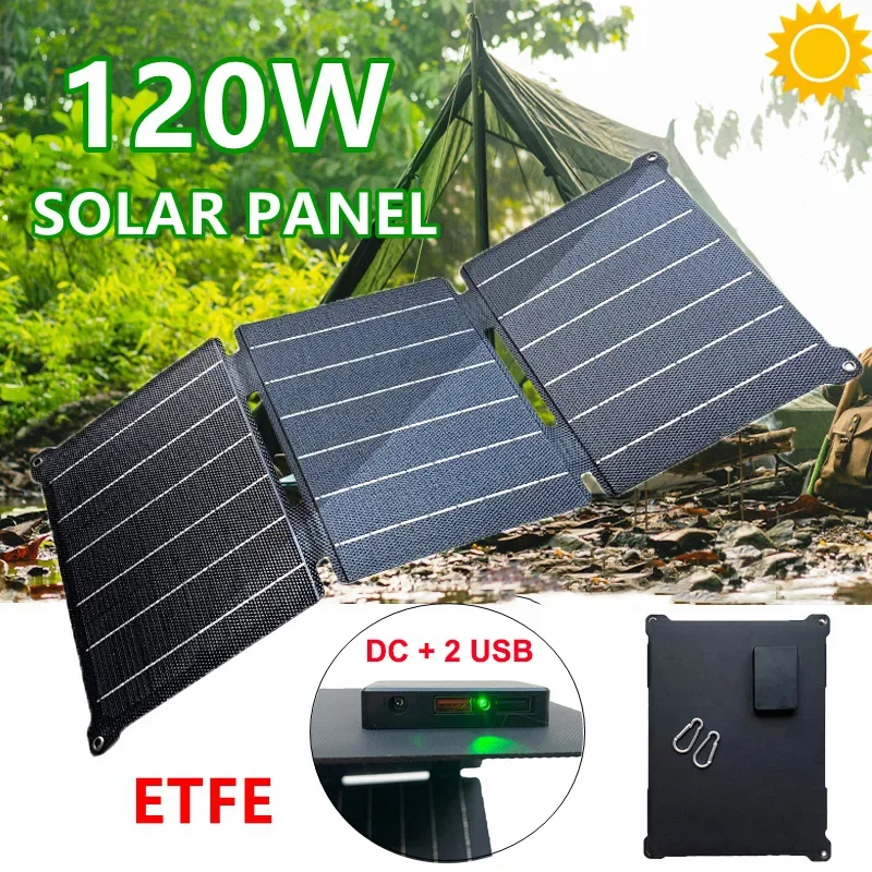 

120W Solar Panel Foldable Solar Charger ETFE USB 5V/DC 12V Safe Charge Cells Solar Phone Charger for Home Outdoor Camping