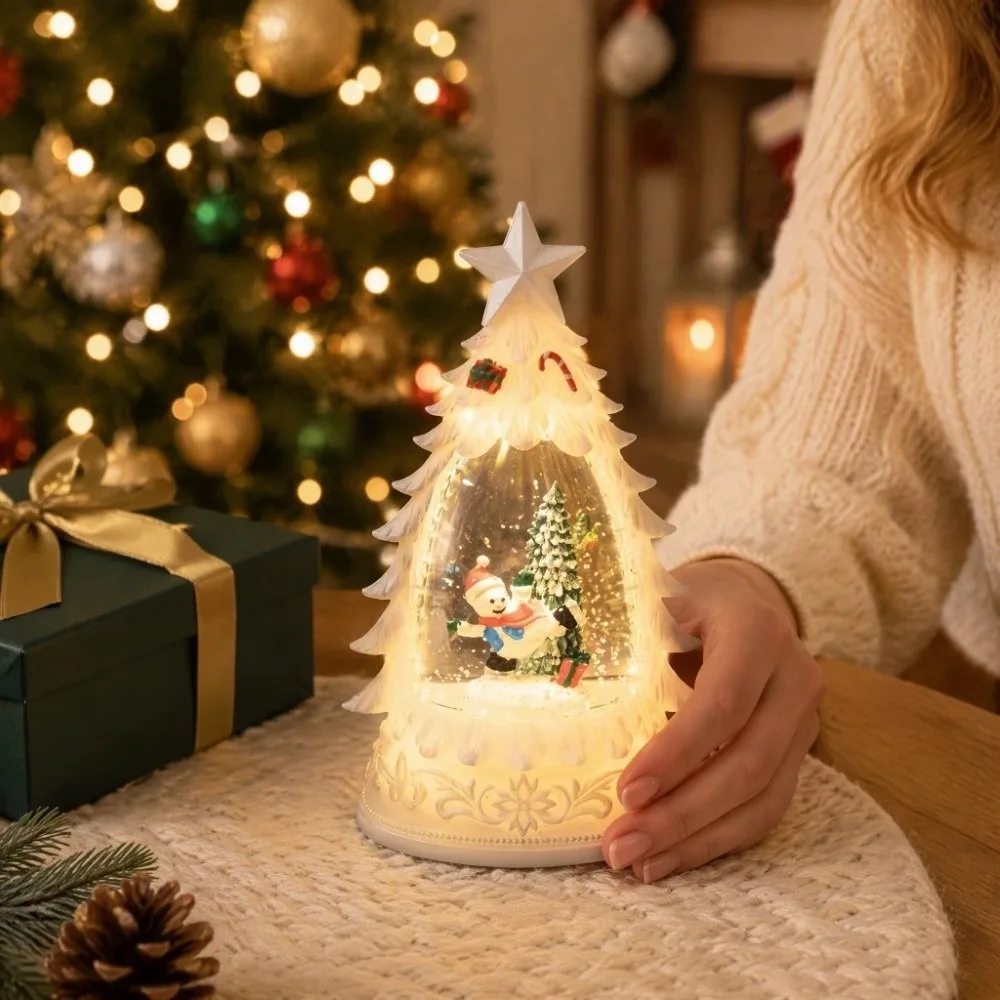 Christmas Tree Shape Christmas Snow Globe Lighted Desktop Ornament Lighted Water Lantern Floating Snowflakes Handicrafts