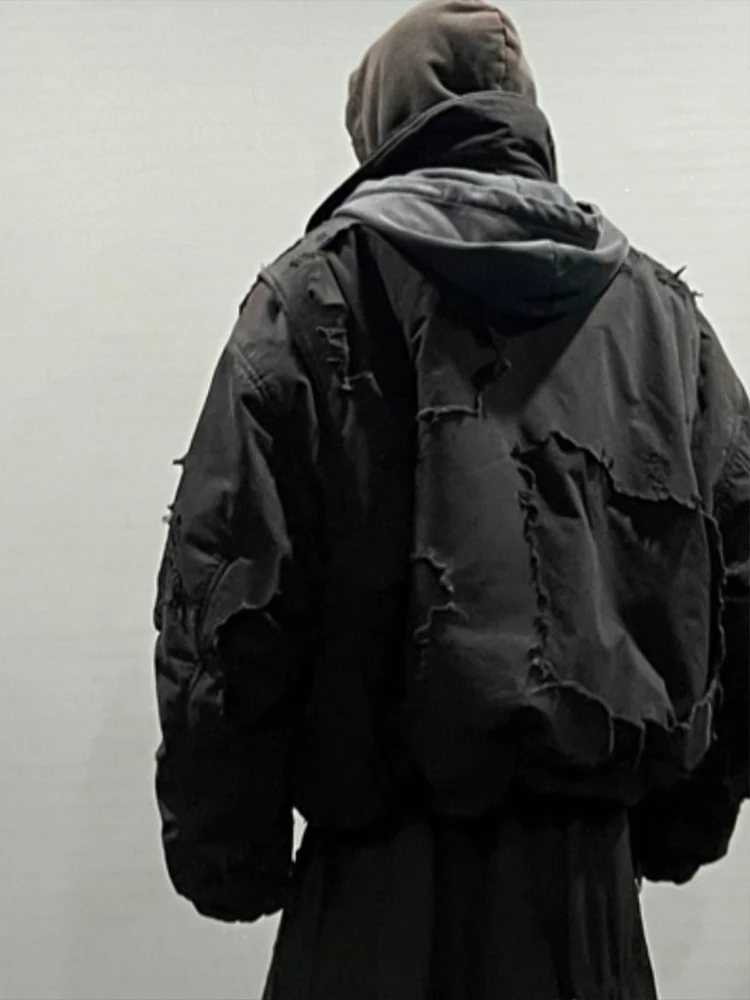 

Black damage washed old zipper sweater hooded jacket cotton clothes 25FW