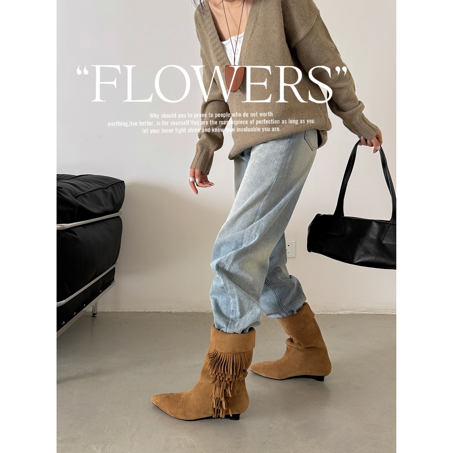 2026 new autumn winter women ankle boots 22-24.5cm stretch flannel pointed toe Tassel slope short boots fashion folded up boots