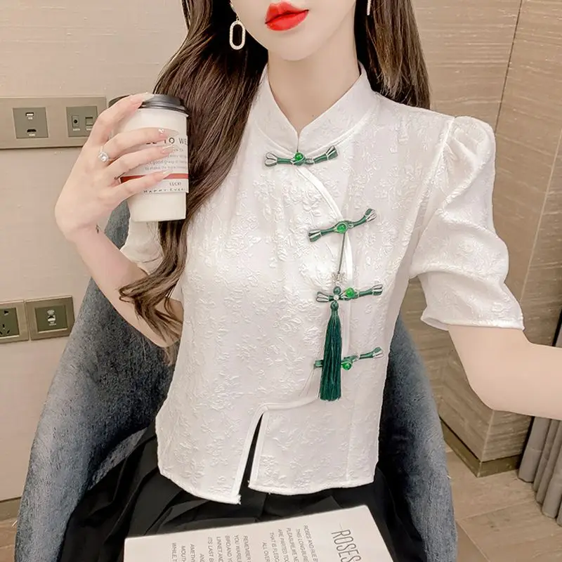 

New Arrival Summer Female Chinese Style Fashion Clothing Vintage Jade Button Up Tassel Stand Collar Elegant Blouses Tops Q306