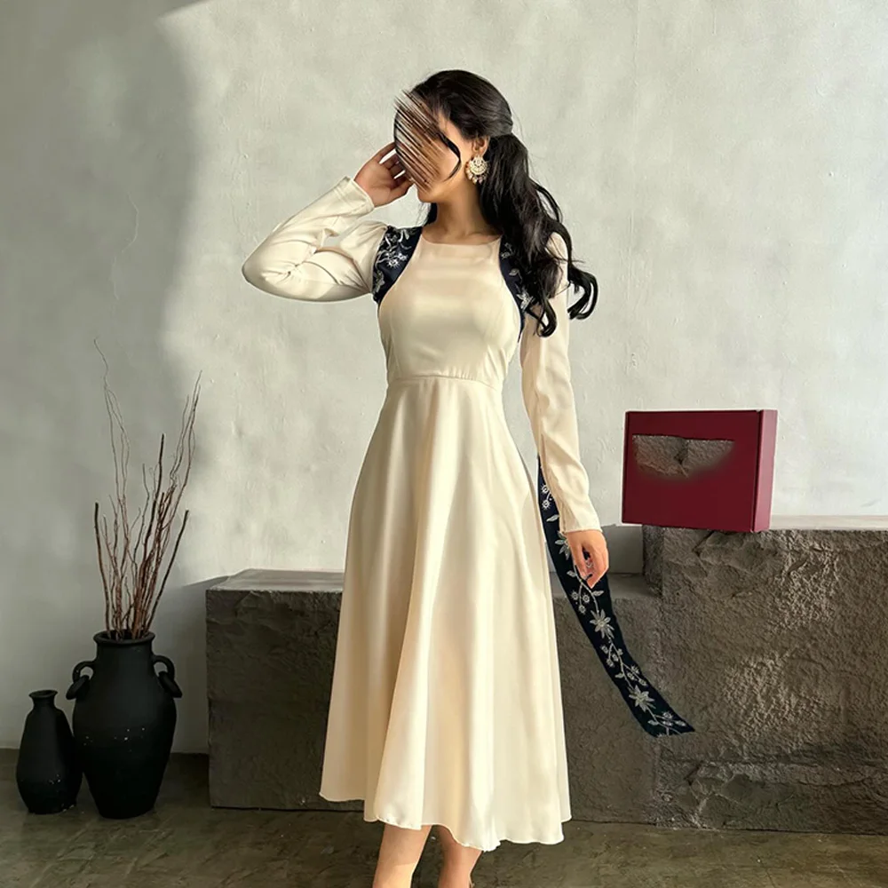 Temperament A-Line Tea Length Scoop Chiffon Long Sleeves Pleats Evening Dress Elegant Photo Color فساتين سهره نسائيه فخمة