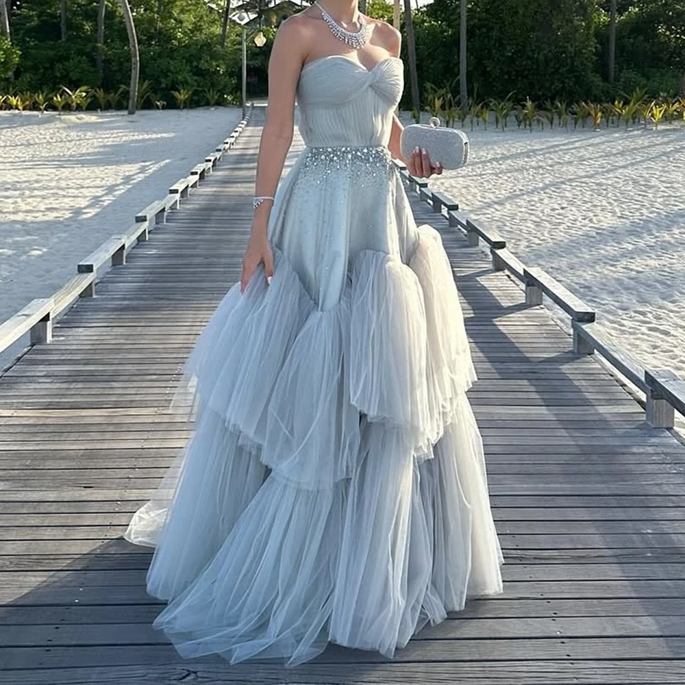 

Customized A-line Evening Dresses Floor-length Strapless Sleeveless Prom Gown Fashion Sequined Crystal Pleat Draped Party Gown