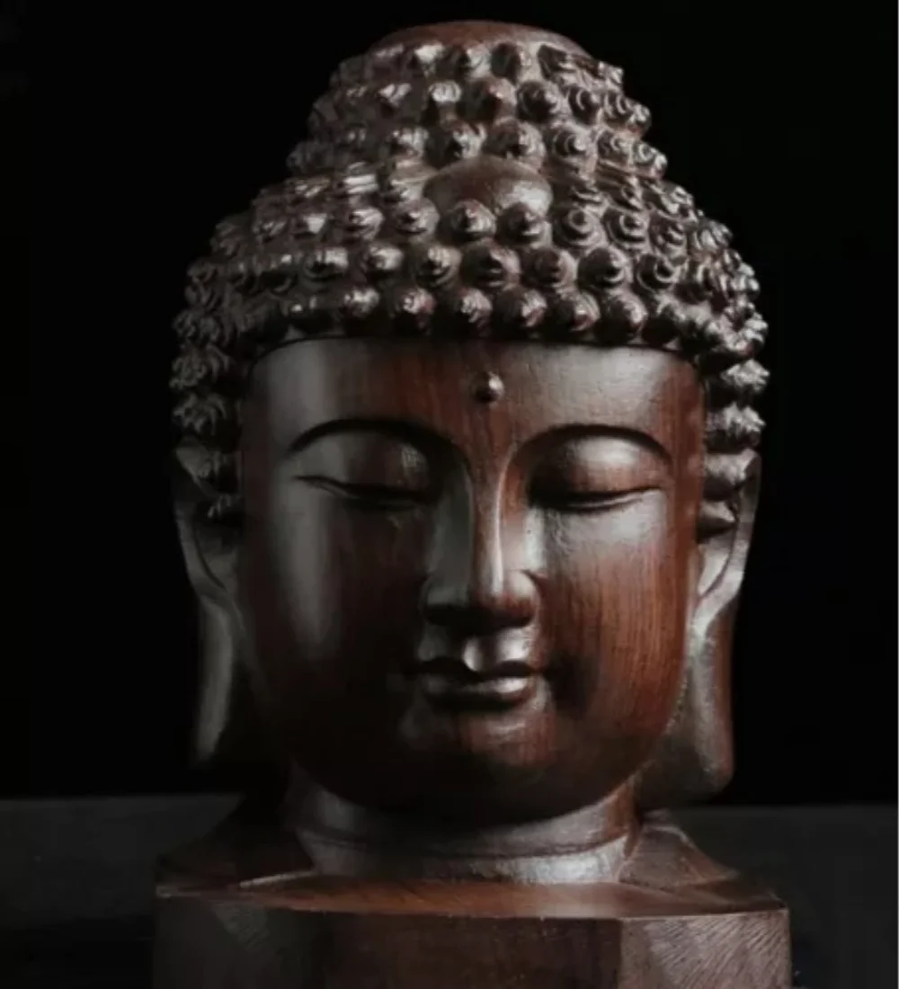 6.5" Sakyamuni Buddha Agilawood Carved Wood Tibetan Buddhism Head Statue Decor