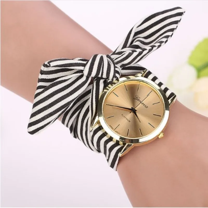 Fashion Women Watch Striped Floral Cloth Bow Female Girls Student Quartz Round Dial Tied Hands Watch Gifts часы женские наручные