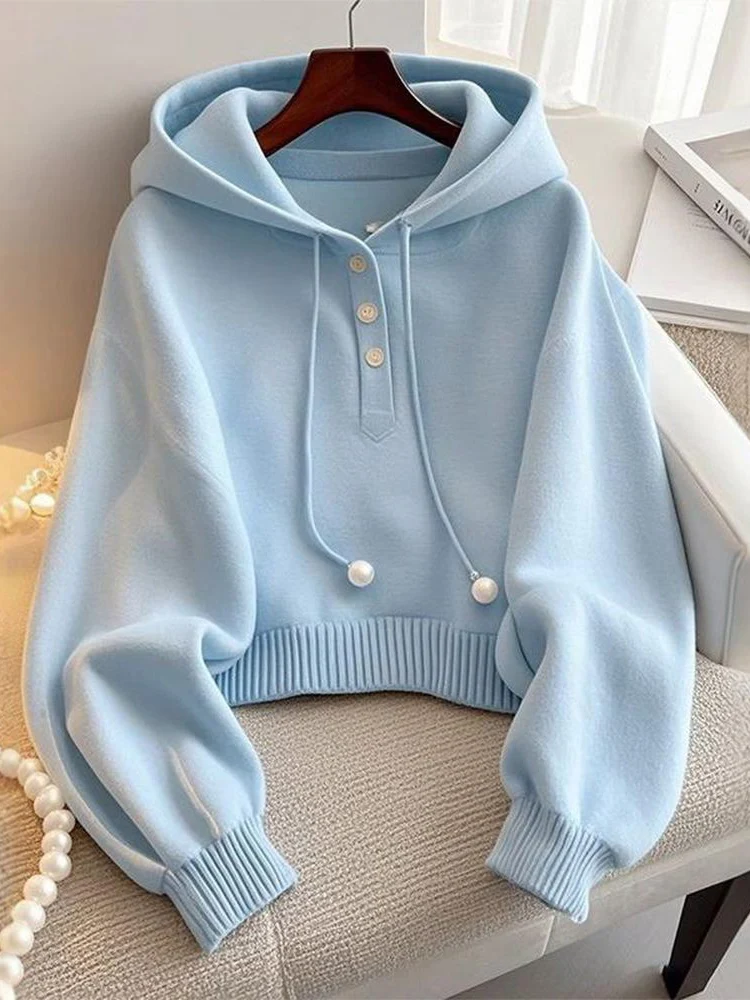 

Blue Knitted Hoodie Dstring Comfortable Korean Sle Loose Fit Faionable Autumn Base Layer irt Women's Premium Clothing