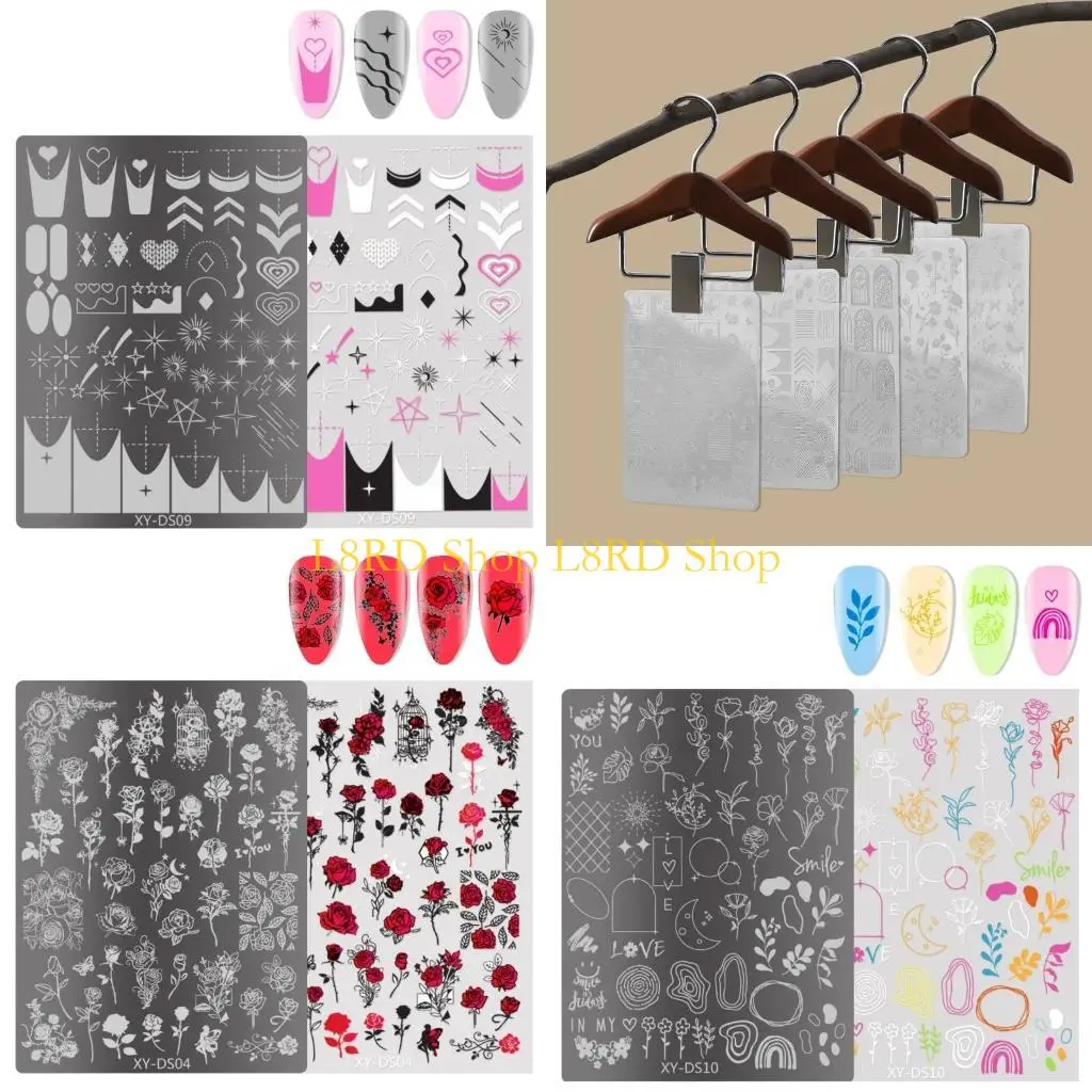 L8RD Lines Nails Art Stamping Template Flowers Manicure Template Tool French Tip Nails Stamping Plates Nails Art Stamp Tool