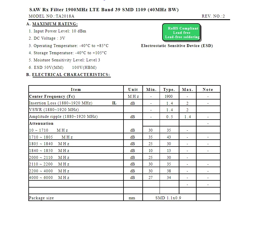 10PCS TA2018A Code G Brand New Original 1900MHz Encapsulated SMD SAW Filter in stock