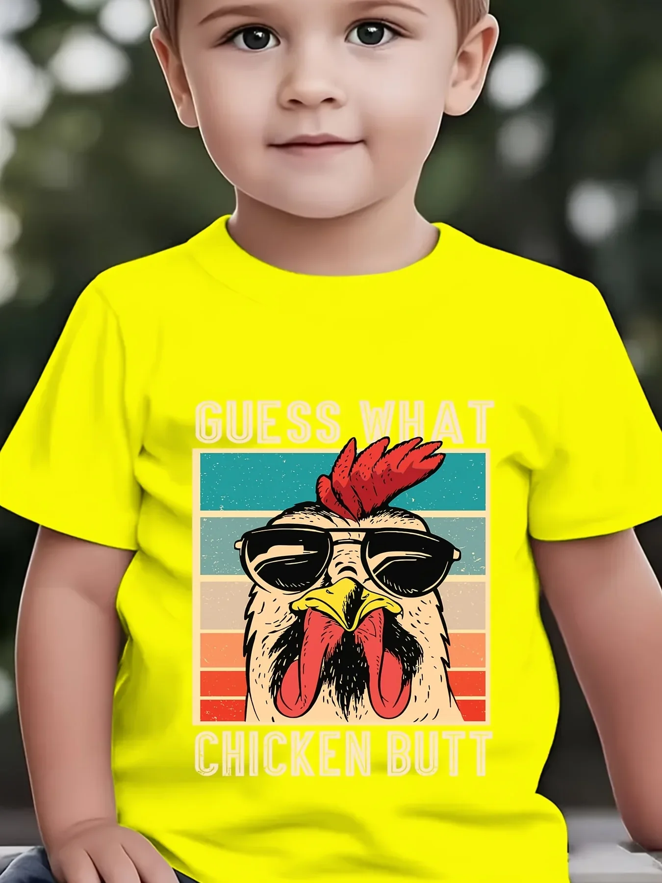 Bright Yellow Kids Short Sleeve Tee Funny Guess What Chicken Butt Retro Sunglasses Rooster Graphic Casual Boys Girls Top