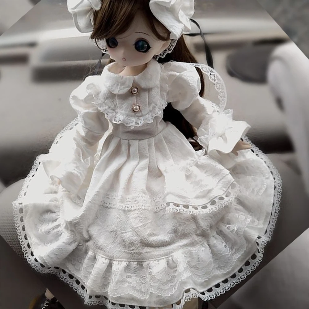 Elegant White Victorian Lace Doll Dress with Big Bow Headwear for 30Cm 45Cm 60Cm Bjd Doll Decor & Shooting Kawaii view 5