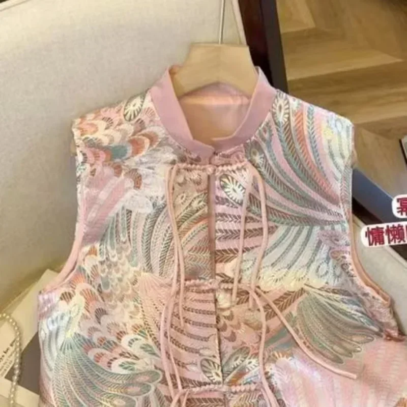Flower Jacquard Cardigan Women Loose Sleeveless Vest Jackets Chinese Style Tang Suit Cheongsam Spring Summer Vest Vintage Coats