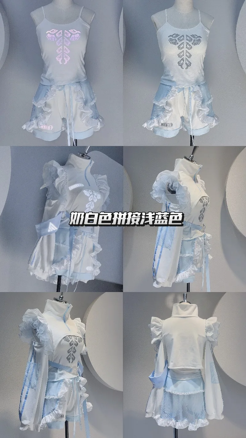 Autumn Japanese Style Cool Mechanical Blue White Watercolor Short Coat Vest Shorts Three-Piece Sets Women's Cute Cool Outfits