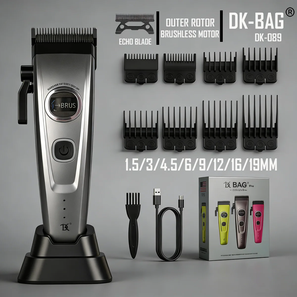 

Профессиональная машинка для стрижки волос DK Outer Rotor Brushless Motor, с лезвием Echo Blade, зарядным устройством и функцией блендинга.
