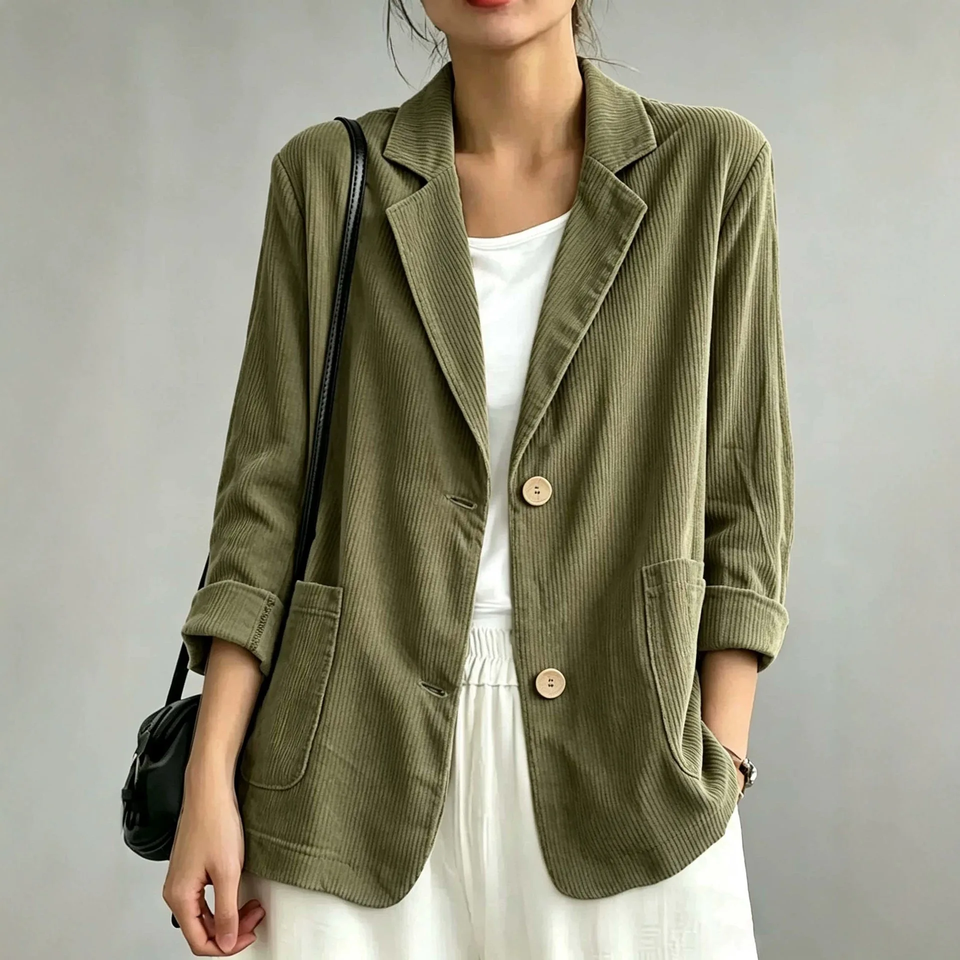 Corduroy Blazer Women Notched Lapel Single Breasted Roll Up Sleeve Soft Pocket Camel Mid Length Loose Vintage Office Wear Blazer