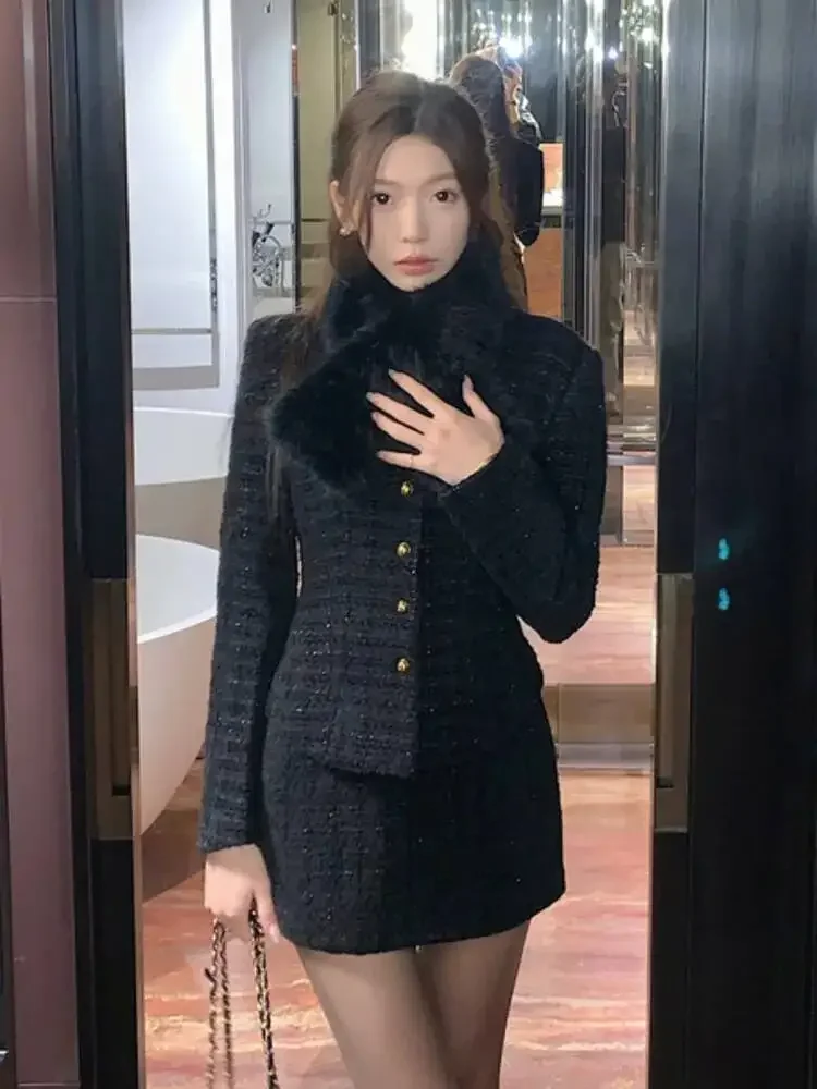 Women Jackets Coat + Skirt Suit Conjuntos Femininos Elegantes 2 Piece Sets Women Outfit High Quality Vintage Tweed Two Piece Set
