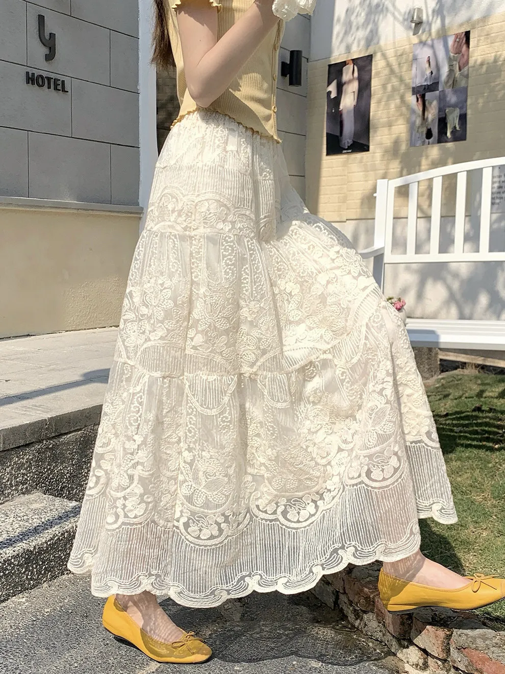 2026 Spring Summer Women Stretchy High Waisted Ruffles Lace Beige Skirt , Woman Fashion A Line Skirts
