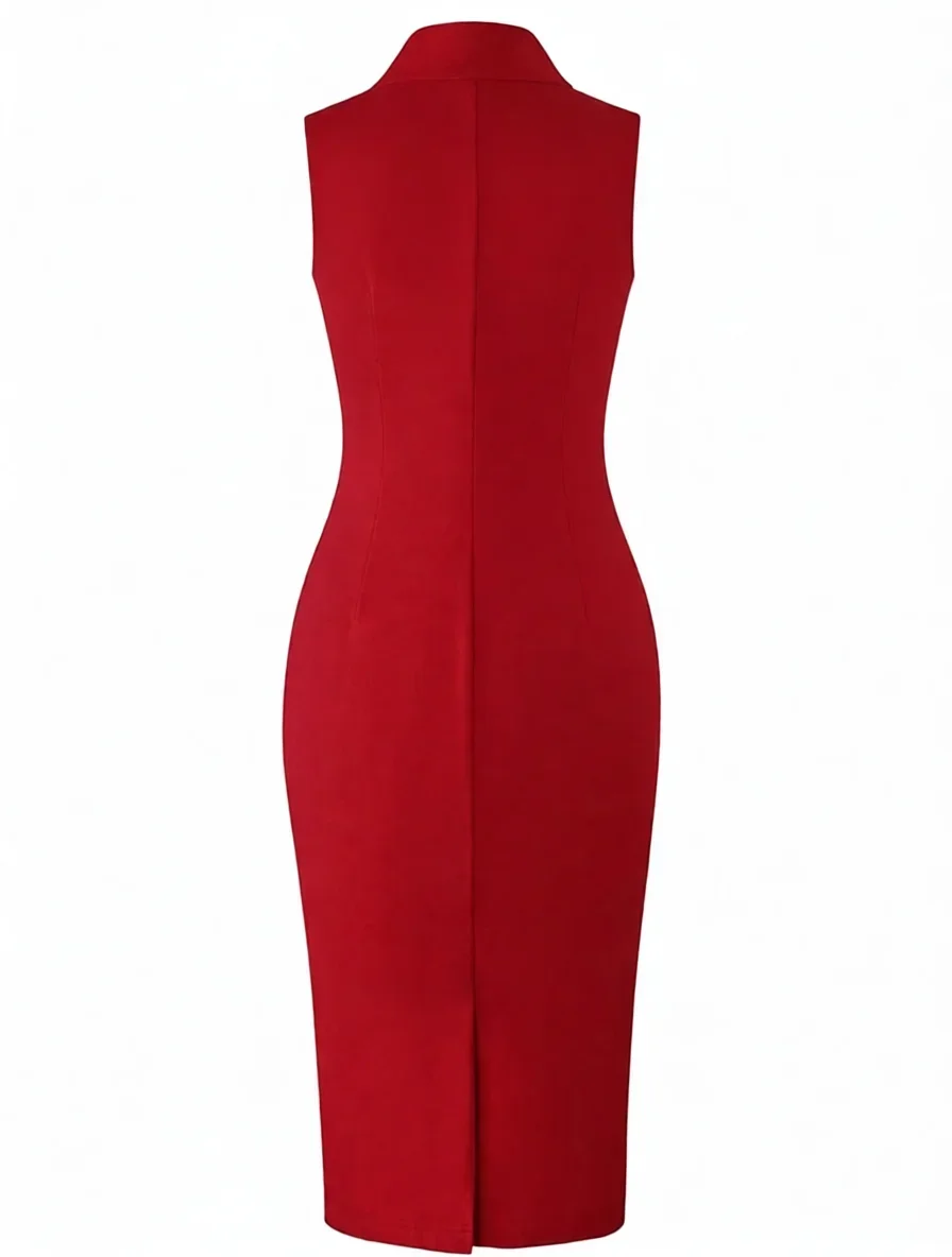 Damen Ärmelloses Kleid mit Stehkragen, halbem Reißverschluss vorne, schmaler Passform, Patchwork-Design, A-Linie, Business-Casual, Bleistift-Bodycon-Kleid – Detail 4