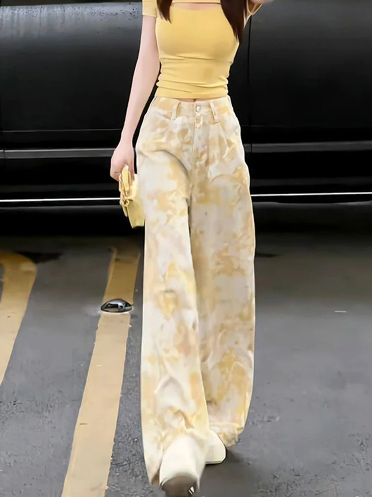 Tie Dye Vrouwen Y2k Jeans Streetwear Losse Hoge Taille Vintage Denim Broek Harajuku Retro Amerikaanse Casual Gele Broek Nieuw