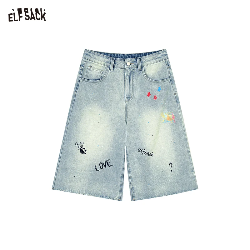 ELFSACK 2025 Summer New Arrivals High Waisted Light Colored Denim Straight Leg Five Quarter Pants For Women