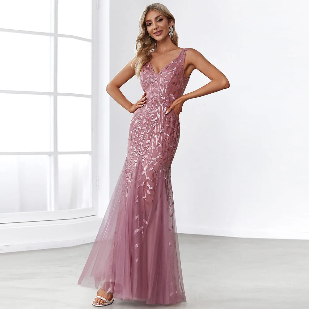 Customized Women's Formal Dress Sequin Tulle Double V-Neck Mother of The Bride Dress Sleeveless Mermaid Long Evening Dress