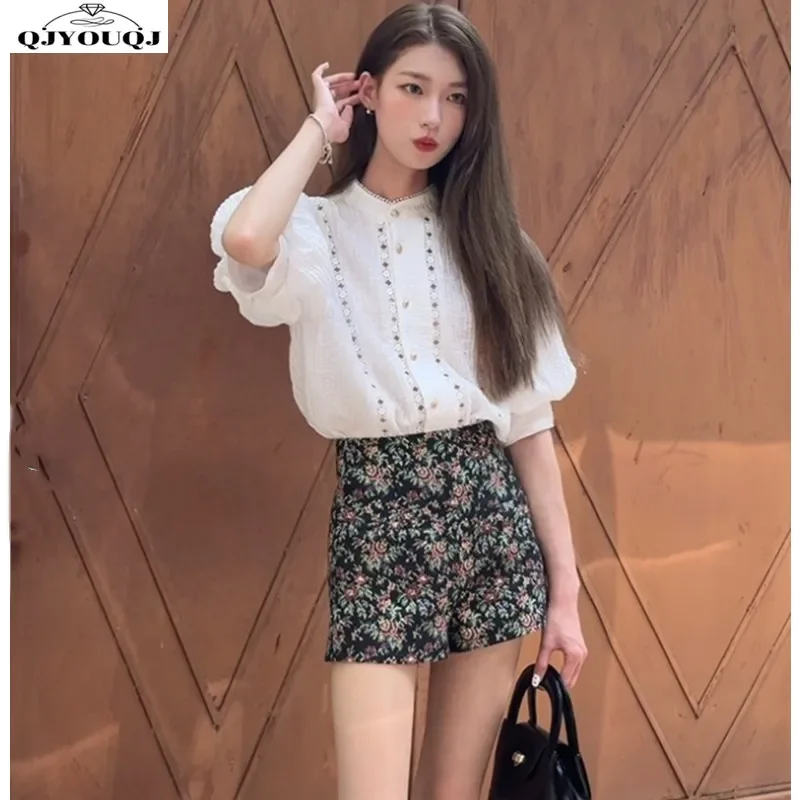 

Summer Tea Versatile Internet Celebrity French Kikyu Rich Family Thousand Gold Small Fragrance Shirt Shorts Two Piece Set