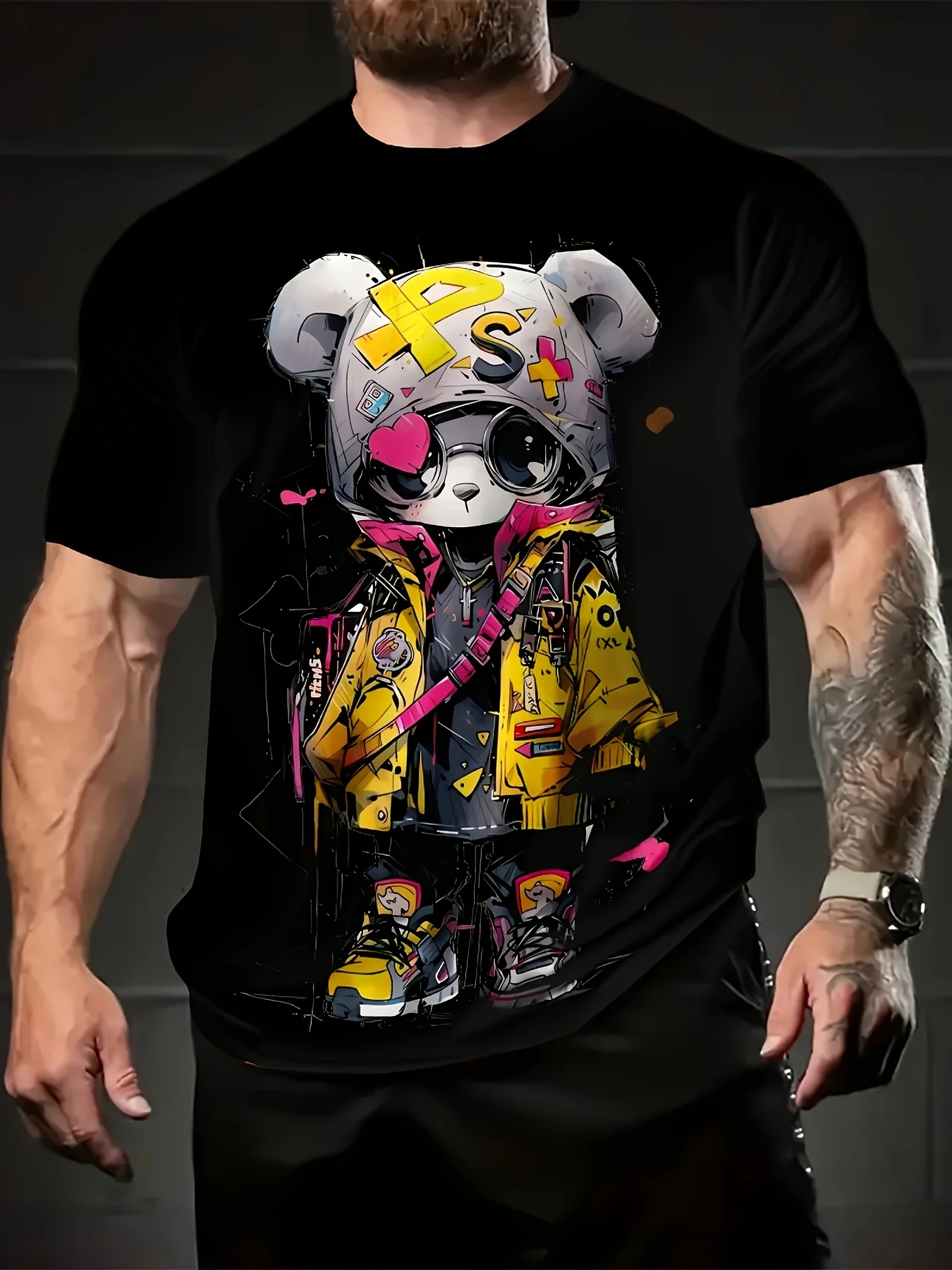 Fashionable men's summer cartoon teddy bear graffiti print micro elastic breathable round neck T-shirt outdoor urban casual top