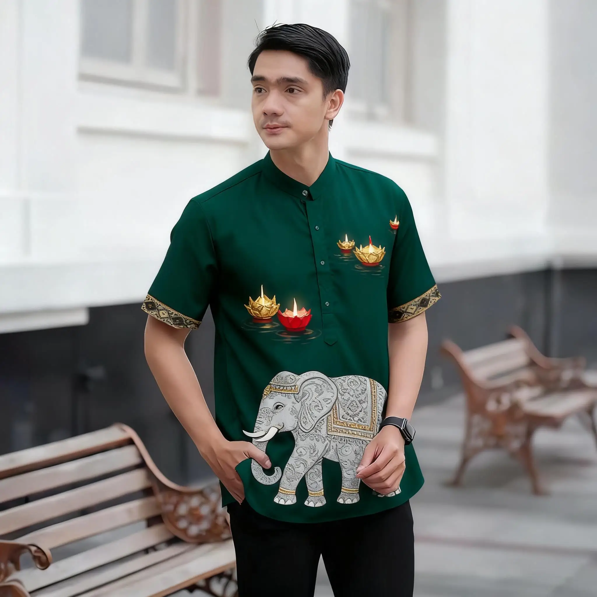 الرجال المسلمات الإسلامية العربية عباية قصيرة الأكمام قميص العرقية طباعة الوقوف طوق الشباب 2026 معطف فاخر ملابس عصرية غير رسمية