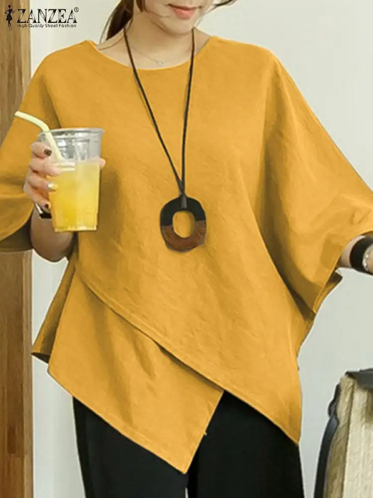 ZANZEA damska bluzka z półrękawem nietoperz asymetryczna moda jednokolorowe koszule Retro 2024 letnie topy Casual luźna patchworkowa tunika