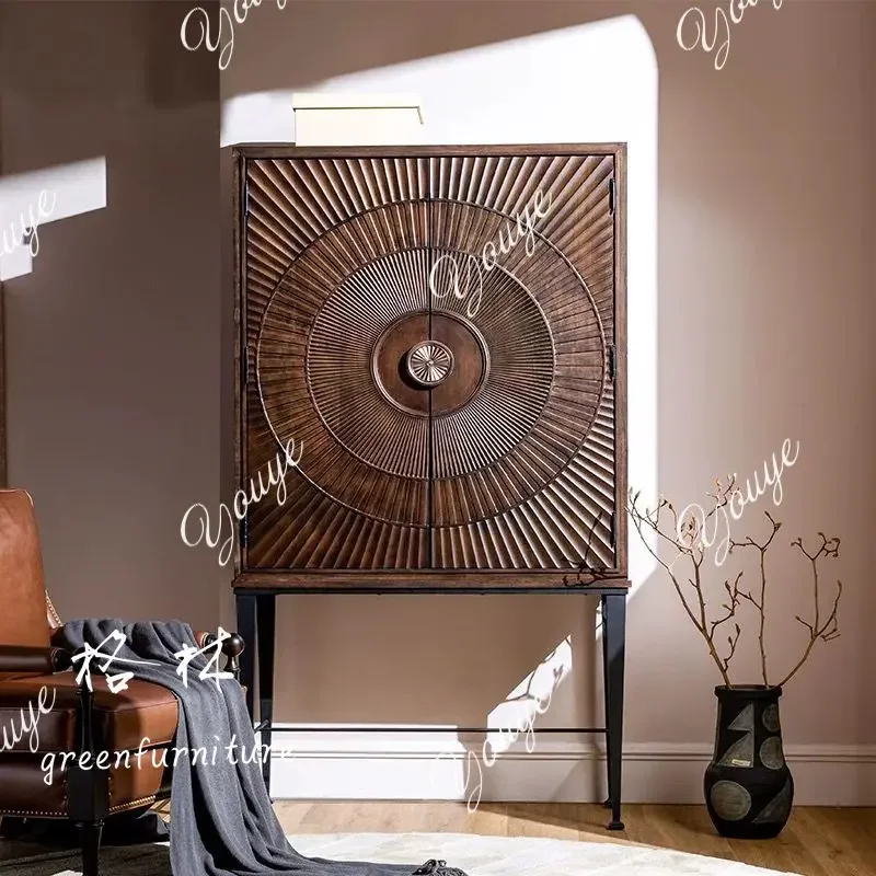 

J Retro Chinese Solid Wood Wine Cabinet/French American Living Room Carved Locker/floor Display Cabinet