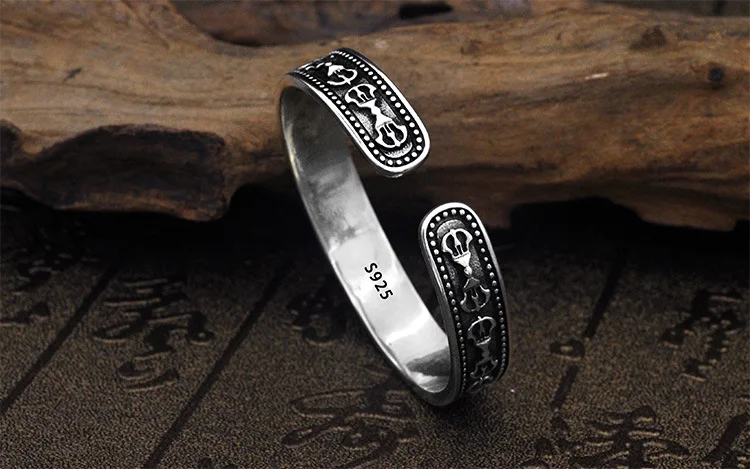 

S925 Silver Retro Six-character Mantra Thai Silver Bracelet Opening Bracelet Bangle