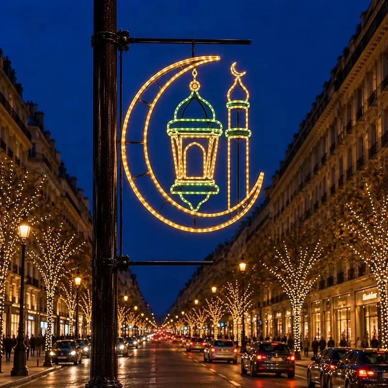 Golden crescent chandelier spire decorative LED rope lamp, Muslim holiday pattern lamp post lamp, suitable for urban