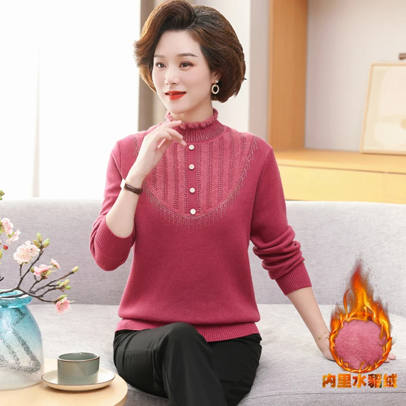 Middle-Aged Women's Knitted Sweater Loose Top Plush and Thicken Pullover Spring and Autumn Clothes New Fashion 2023