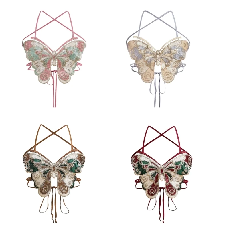 Women Butterfly Embroidery Bras Sexy Sleeveless Tie Camisole Crop Top