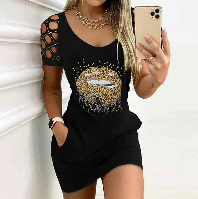 

Fashion Summer Dresses 2024 Casual Elegant Lip Print Hollow Rhinestone Short Sleeved Tight Fitting Daily Sexy Midi Women's Dress