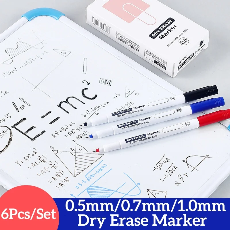

6Pcs Fine Tip Dry Erase Markers Set 0.5/0.7/1.0mm Thin Whiteboard Pens Black Blue Red Erasable Markers for Teaching Office