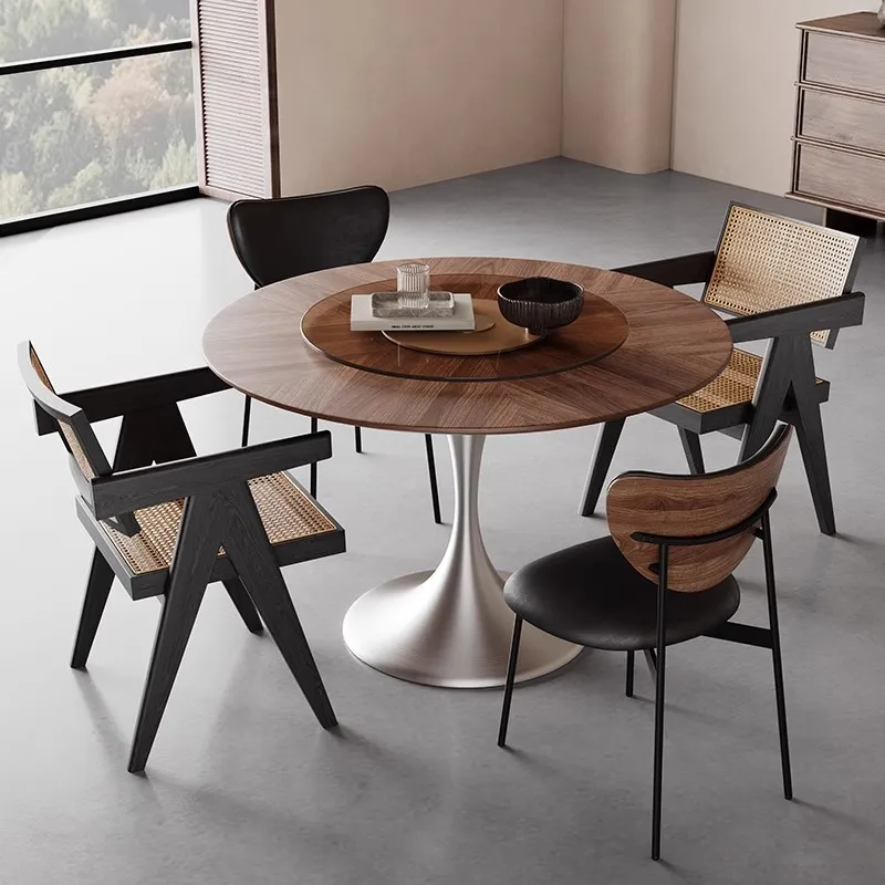 Mesa de jantar redonda de madeira maciça creme novo aço inoxidável francês retro medieval pequeno apartamento doméstico