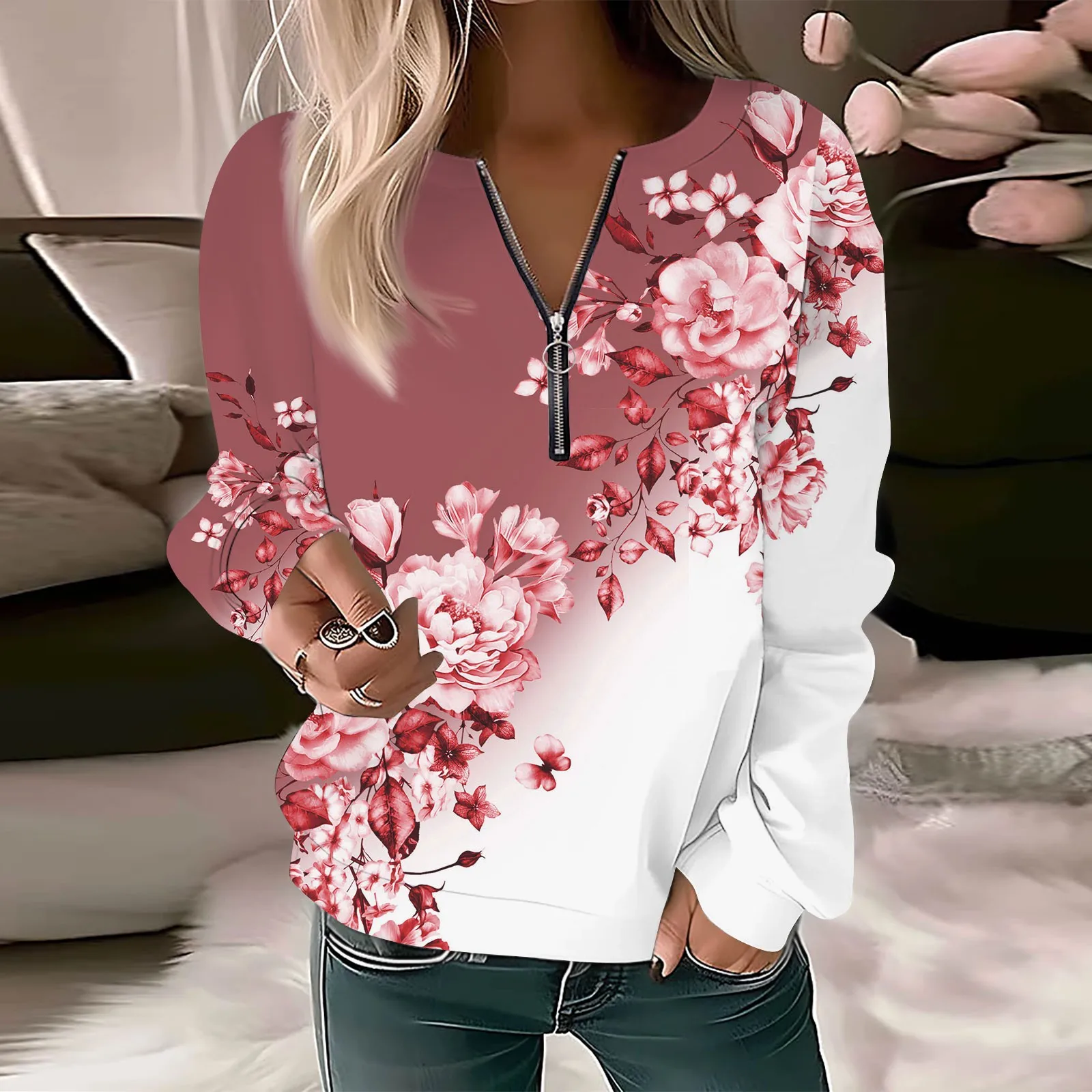 New Round Neck Flower Pattern Cross-Border Casual Zipper Spring And Autumn Top T-Shirt Polo Shirt Artistic TemperamentWF4