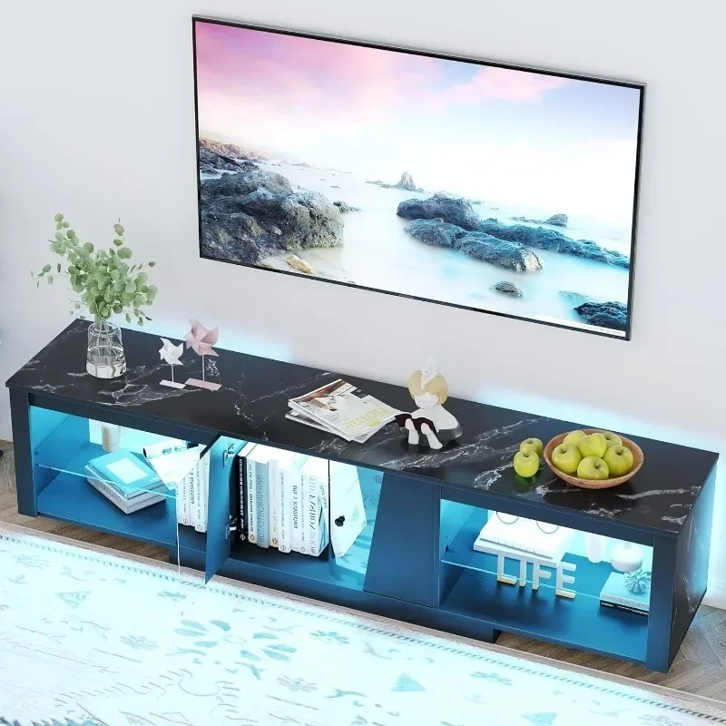 Yusong TV Stand for 65 75 Inch TV, Modern Gaming TV Console Table with Glass Shelves, LED Media Entertainment Center